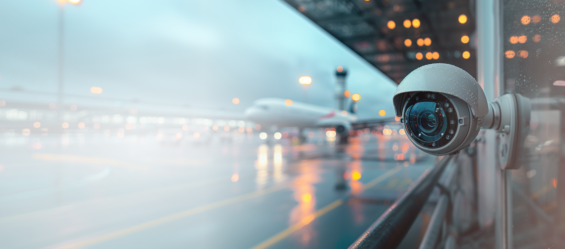 Security camera overlooking a rainy terminal, representing real-time monitoring and computer vision development applications.