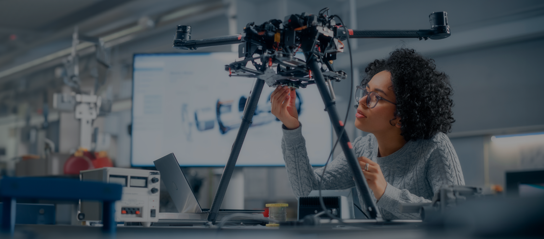 Female engineer performing drone diagnostics in a lab as part of advanced research and development services.